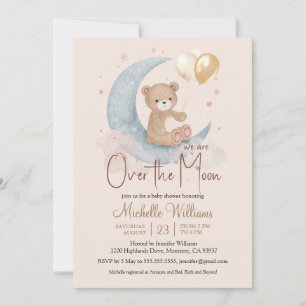 We Are Over The Moon Teddy Bear Stars Baby Shower Invitation