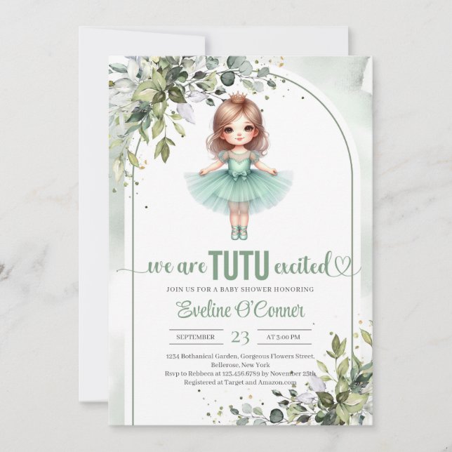 We are tutu excited tutu greenery and gold invitation (Front)