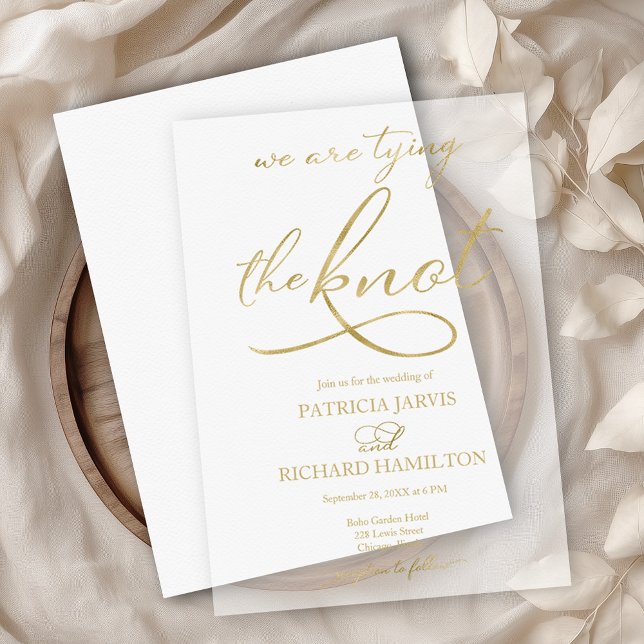 We Are Tying The Knot Gold Script Wedding Vellum Invitations (Creator Uploaded)
