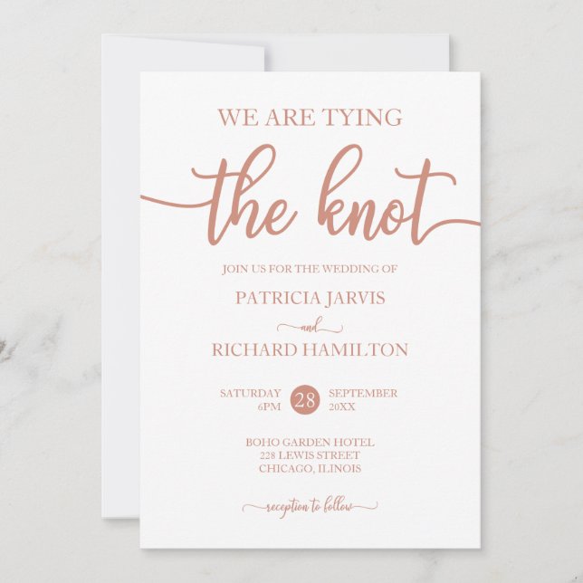 We Are Tying The Knot Rose Gold Script Wedding Invitation (Front)