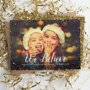 We Believe   Glitz Faux Glitter Photo Overlay Holiday Card