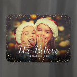 We Believe | Glitz Faux Glitter Photo Overlay Magnet<br><div class="desc">Custom printed holiday photo magnets with a simple template for customization. This chic modern design has a faux glitter confetti border and stylish calligraphy text. The wording says "We Believe". Personalize it with your photos and add your family name and the year. Use the design tools to edit the text,...</div>