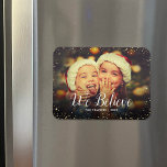 We Believe | Glitz Faux Glitter Photo Overlay Magnet<br><div class="desc">Custom printed holiday photo magnets with a simple template for customization. This chic modern design has a faux glitter confetti border and stylish calligraphy text. The wording says "We Believe". Personalize it with your photos and add your family name and the year. Use the design tools to edit the text,...</div>