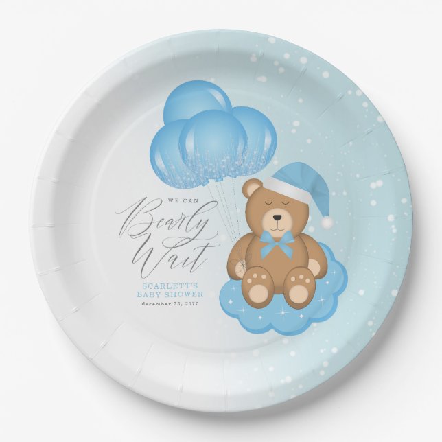 We Can Barely Wait Sleepy Bear Balloon Baby Shower Paper Plate (Front)