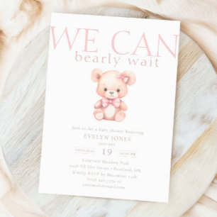 We Can Bearly Pink Girl Bear Baby Shower Invitation