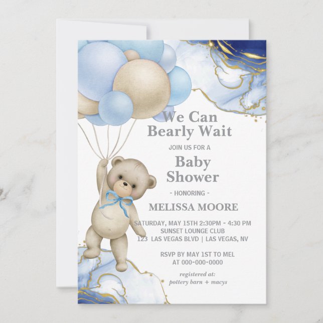 We can bearly wait abstract blue gold invitation (Front)