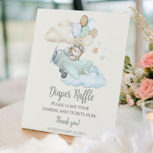 We Can Bearly Wait Airplane Blue Boy Diaper Raffle Pedestal Sign