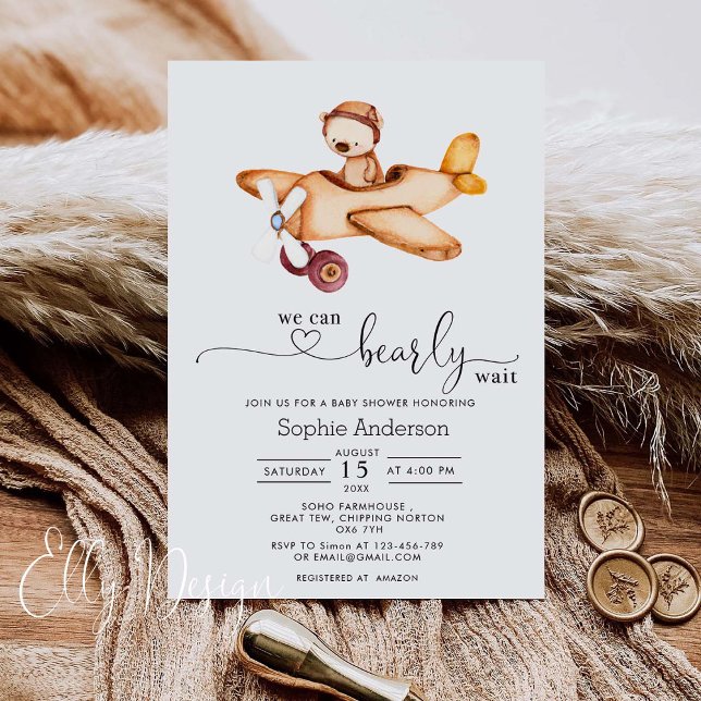 We Can Bearly Wait Airplane Teddy Bear Baby Shower Invitation (Creator Uploaded)