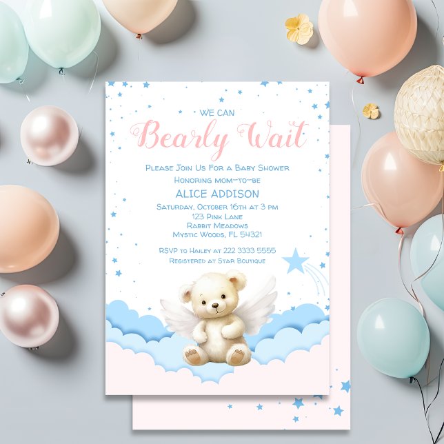 We Can Bearly Wait Angel Teddy Bear Pastel Invitation (Creator Uploaded)