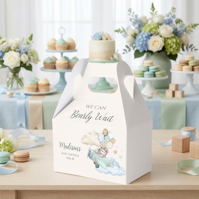 We Can Bearly Wait Aviator Teddy Bear Boy Gift Favor Box (Aviator Teddy Bear Baby Shower Gable Box. Blue Boy Airplane. We Can Bearly Wait.)
