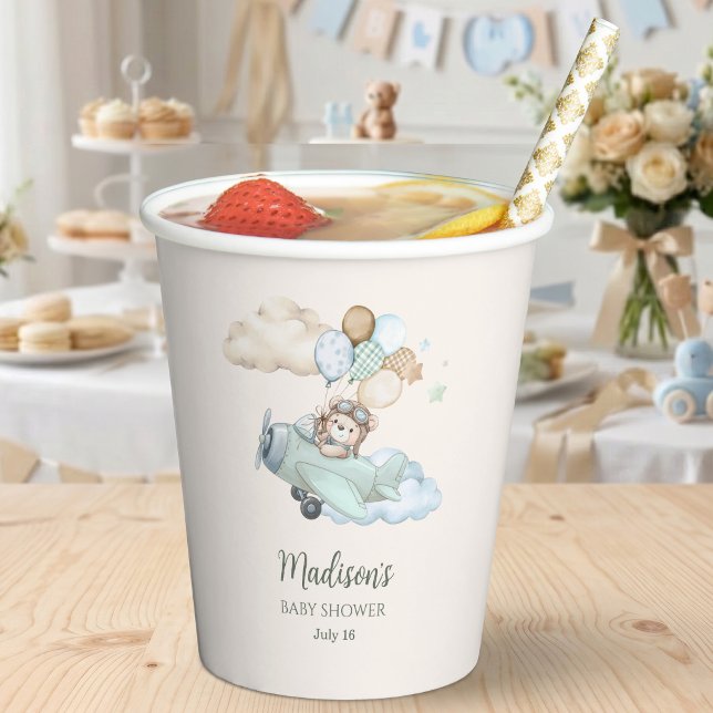 We Can Bearly Wait Aviator Teddy Bear Tableware Paper Cups (Aviator Teddy Bear Baby Shower Paper Cup. Blue Boy Airplane. We Can Bearly Wait.)