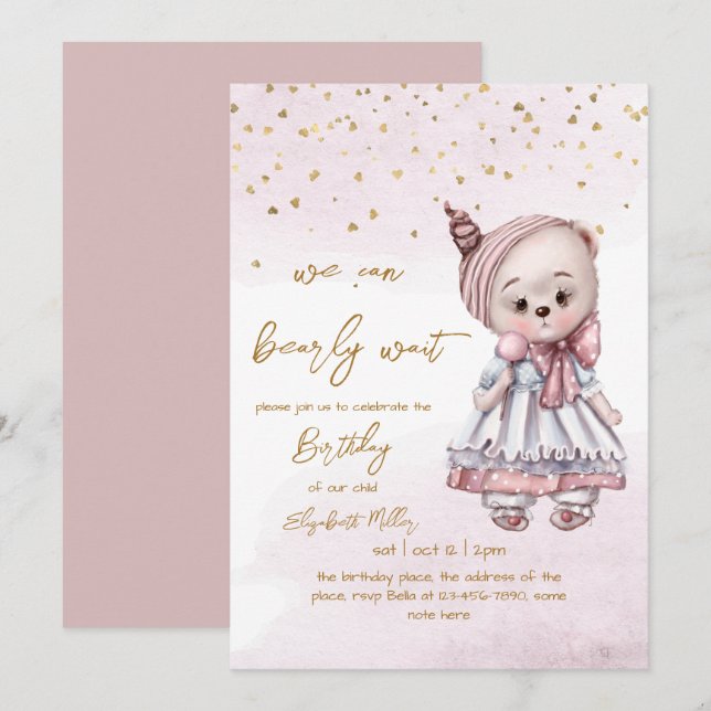 We Can Bearly Wait Baby Girl 1st Birthday  Invitation (Front/Back)
