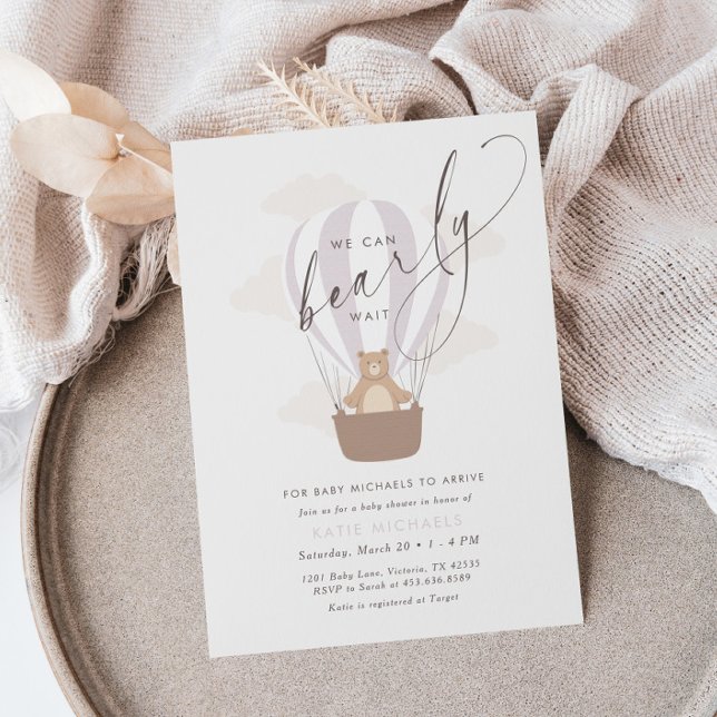 We Can Bearly Wait | Baby Girl Purple Air Balloon Invitation (Creator Uploaded)