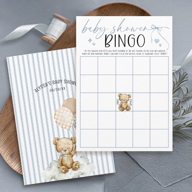 We Can Bearly Wait Baby Shower Bingo Game Card (We can bearly wait watercolor teddy bear blue stripes checkerboard balloons baby shower bingo game)