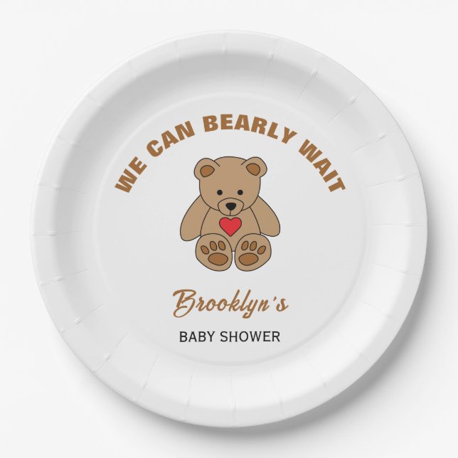 We Can Bearly Wait Baby Shower Brown Teddy Bear Paper Plate (Front)