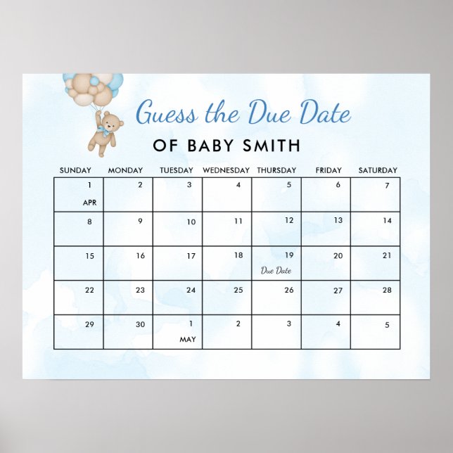 We Can Bearly Wait Baby Shower Due Date Poster (Front)