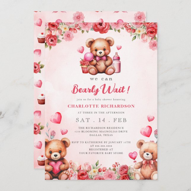 We Can Bearly Wait Baby Shower Floral Teddy Bear  Invitation (Front/Back)