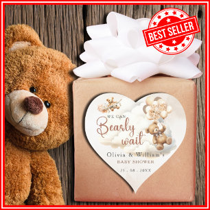 We Can Bearly Wait Baby Shower Heart Sticker