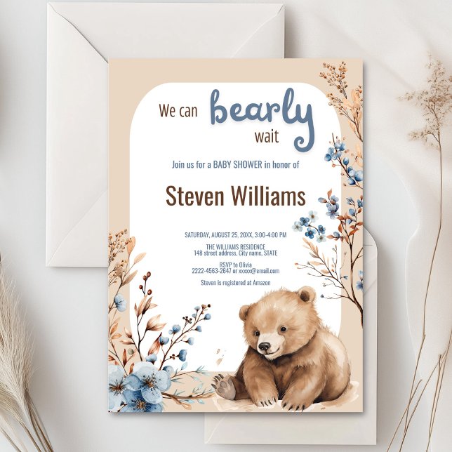 We can bearly wait baby shower invitation  (Cute bear with rustic blue flowers baby shower invitation)