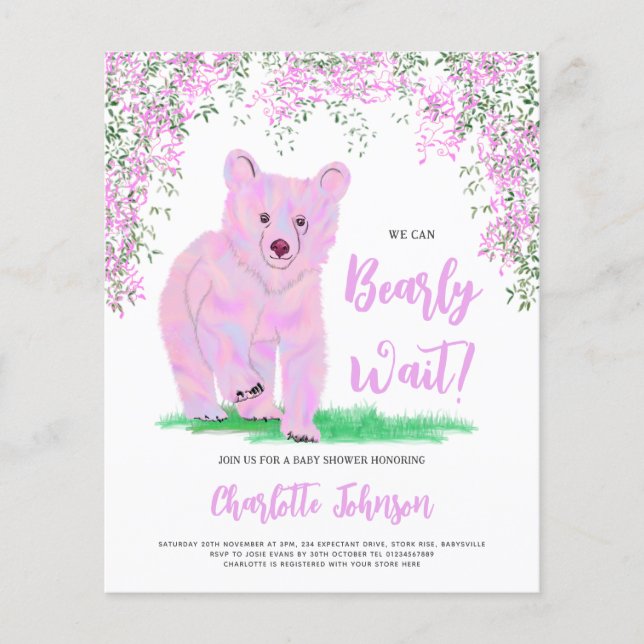 We Can Bearly Wait Baby Shower Pink Bear Budget Flyer (Front)