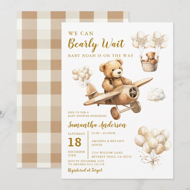 We Can Bearly Wait Baby Shower Plane Brown Balloon Invitation (Front/Back)