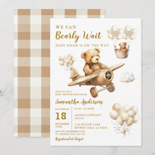 We Can Bearly Wait Baby Shower Plane Brown Balloon Invitation