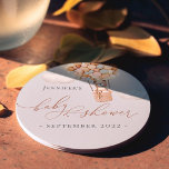 We Can Bearly Wait! Baby Shower Round Paper Coaste Round Paper Coaster<br><div class="desc">We Can Bearly Wait! :) This little bear is waiting for the big gender reveal baby party, sitting in a hot air balloon built out of pink, blue, brown, and cream balloons. Whimsical watercolors and modern typography complement the design. Personalize this cute Bear Baby Shower item with your baby shower...</div>