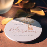 We Can Bearly Wait! Baby Shower Round Paper Coaster<br><div class="desc">We Can Bearly Wait! :) This little bear is waiting for the big baby party, sitting in a hot air balloon. Whimsical watercolors and modern typography complement the design. Personalize this cute Bear Baby Shower item with your baby shower details easily and quickly, press the customize it button to further...</div>