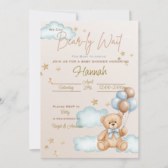 We Can Bearly Wait Baby Shower Teddy Bear Invite (Front)