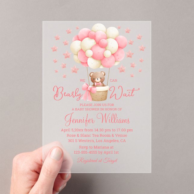 we can bearly wait, baby shower teddy pink  acrylic invitations (Insitu (Handheld))