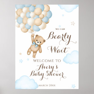 We Can Bearly Wait Balloon Bear Baby Boy Shower  Poster