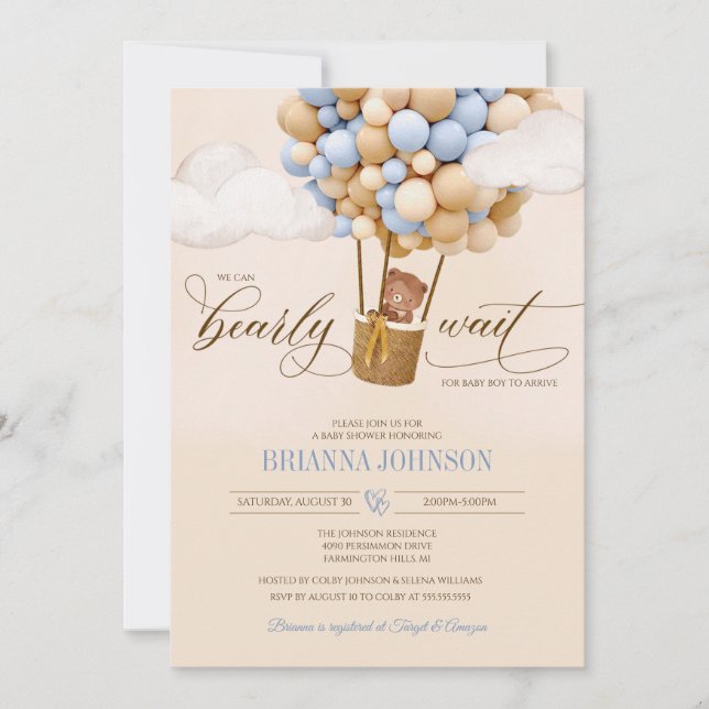 We Can Bearly Wait, Balloons Boy Baby Shower Invitation (Front)