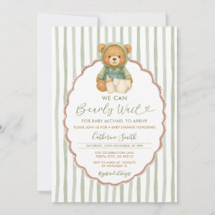 We can Bearly wait bear baby shower green stripes Invitation