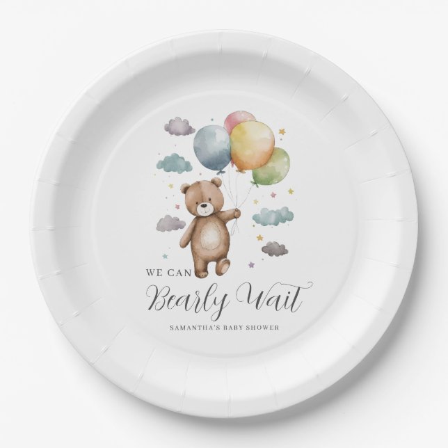 We Can Bearly Wait Bear Balloon Baby Shower  Paper Plate (Front)