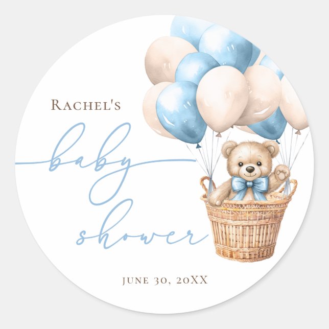We Can Bearly Wait | Bear Balloon Blue Baby Shower Classic Round Sticker (Front)