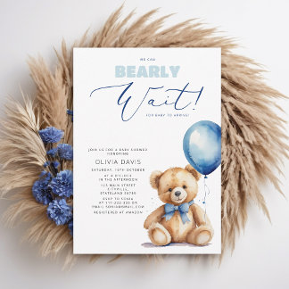 We Can Bearly Wait Bear Balloon Boy Baby Shower Invitation