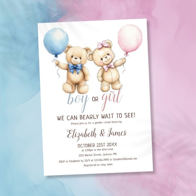 We Can Bearly Wait Bear Balloon Gender Reveal Invitation (We Can Bearly Wait Bear Balloon Gender Reveal Invitation)