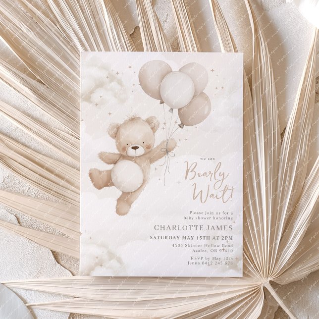 We can Bearly Wait! Bear Beige Balloon Baby Shower Invitation (We can Bearly Wait! Gender Neutral Baby Shower invitation bears and balloons)