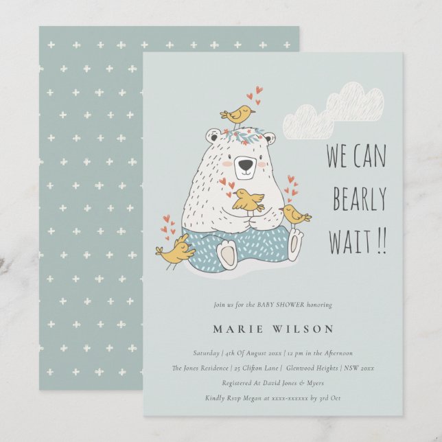 We Can Bearly Wait Bear Birds Baby Shower Invite (Front/Back)