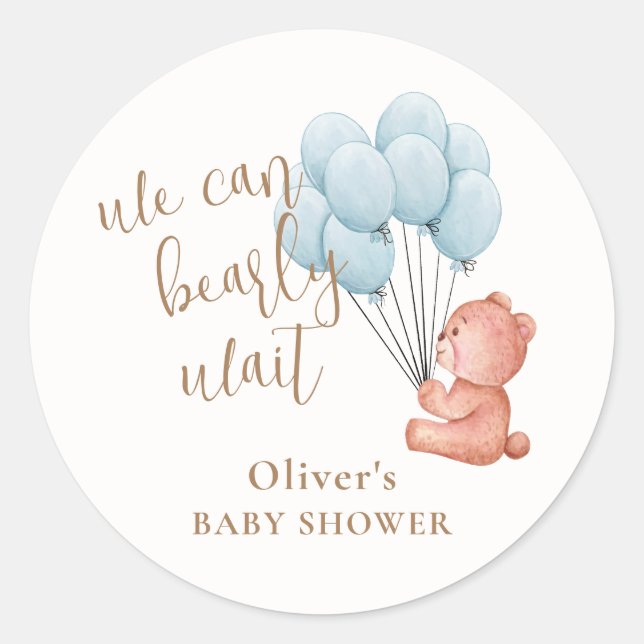 We Can Bearly Wait Bear Blue Balloon Baby Shower Classic Round Sticker (Front)
