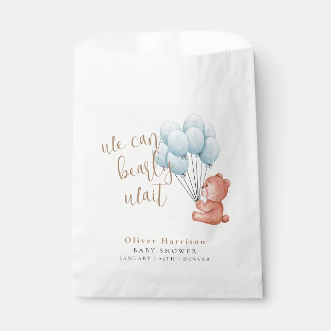 We Can Bearly Wait Bear Blue Balloon Baby Shower Favour Bag (Front)