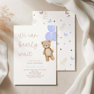 We Can Bearly Wait Bear Blue Balloons Baby Shower Invitation