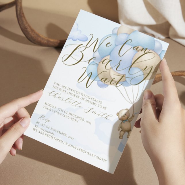 We Can Bearly Wait Bear Boy Baby Shower Invitation (bear theme baby shower invite )