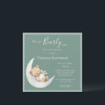 We Can Bearly Wait Bear Green Baby Shower<br><div class="desc">We can bearly wait theme baby shower invitation. Adorable hand drawn teddy bear sleeping on a moon. The simple soft colours sets the tone for a sweet gender neutral themed baby shower. Such a sweet and simple invitation for that special event. Coordinating blue scalloped frame finish off this adorable invite....</div>