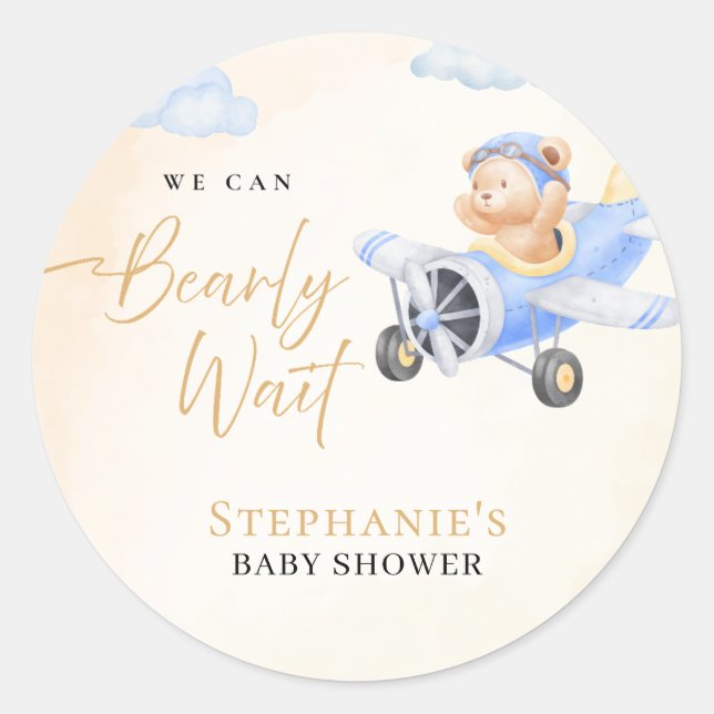 We Can Bearly Wait, Bear in Plane Baby Shower  Classic Round Sticker (Front)
