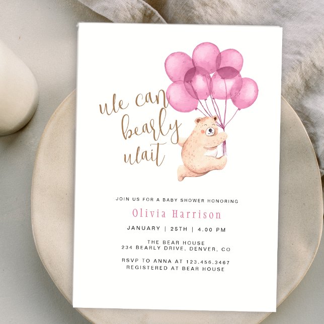 We Can Bearly Wait Bear Pink Balloon Baby Shower Invitation (We Can Bearly Wait Bear Pink Balloon Baby Shower Invitation)