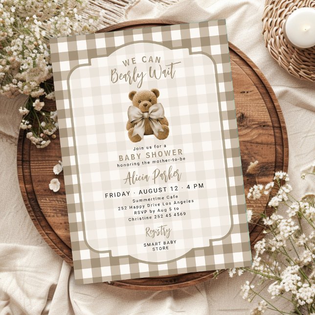 We can bearly wait biege gingham baby shower invitation (Creator Uploaded)