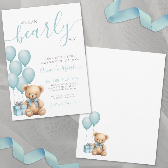 We Can Bearly Wait Blue Baby Shower Invitation (We Can Bearly Wait Boy Baby Shower Invitation)