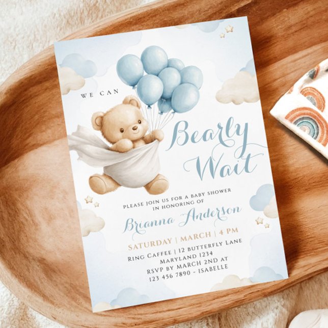 We Can Bearly Wait Blue Baby Shower Invitation (Creator Uploaded)