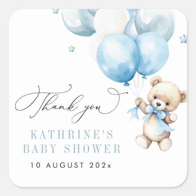 We Can Bearly Wait Blue Baby Shower Square Sticker (Front)